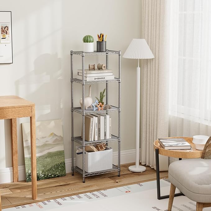 Golpart Small 5 tire Shelves Storage Wire Shelving Unit Metal Shelf Adjustable Organizers Storage Shelving for Bathroom Laundry Room Kitchen Pantry10”D x 16”W x 55”H Silver