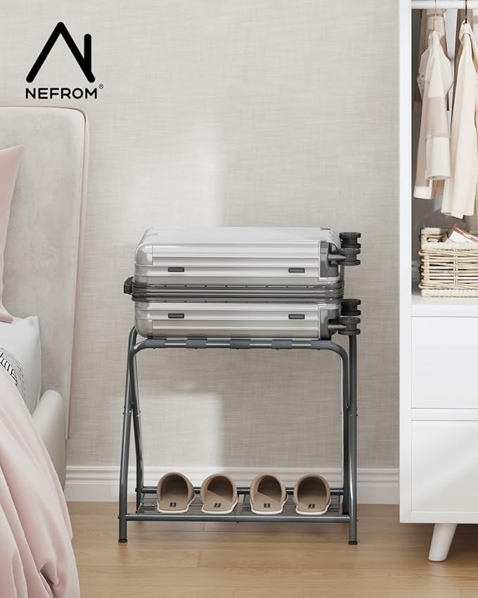 1-Piece Foldable Gray Luggage Rack Stand with Storage Shelf – Heavy Duty Metal Suitcase Holder, 150 lbs Top, 50 lbs Bottom, Fits 20”-28” Luggage – Guest Room, Bedroom, Hotel LR-GY-1