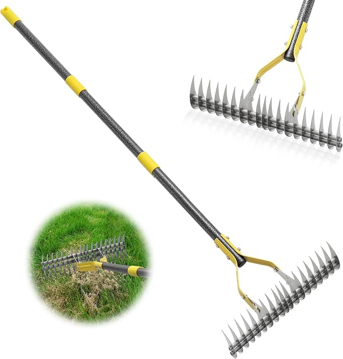Thatch Rake,55 Inch Heavy Duty Lawn Thatching with Adjustable Stainless Steel Handle,Multiple Garden Rake for Leaves,Lawn Loosening Soil,Backyard,Garden