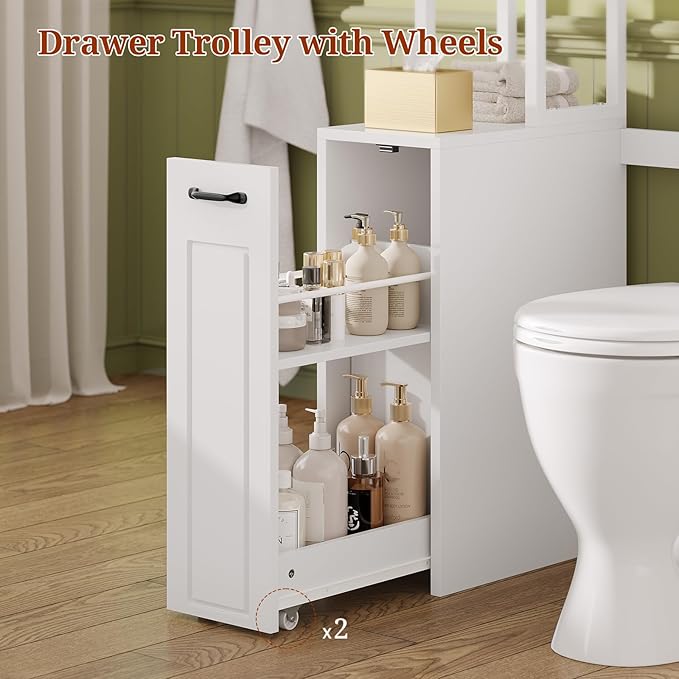 UPOSOJA Over The Toilet Storage Cabinet with Pulley, Bathroom Organizer W/6 Hooks for Restroom, Laundry, Plant Stand (White)