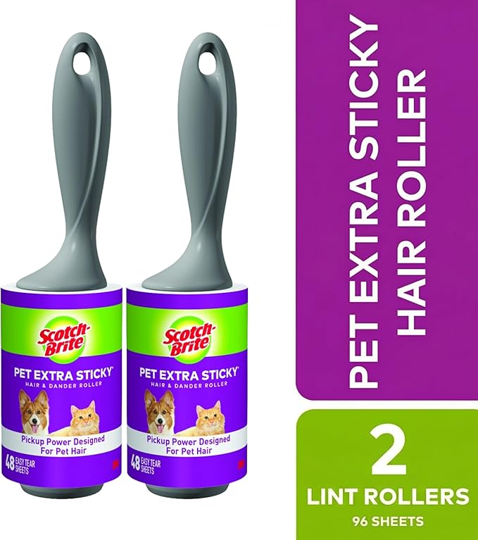 Scotch-Brite Pet Hair Pickup Extra Sticky Lint Roller, 50% Stickier, Fur & Fluff Remover for Clothes, Couches, Dog Beds & Car Seats, 4 in x 22.5 ft, 2 Pack, 96 Sheets