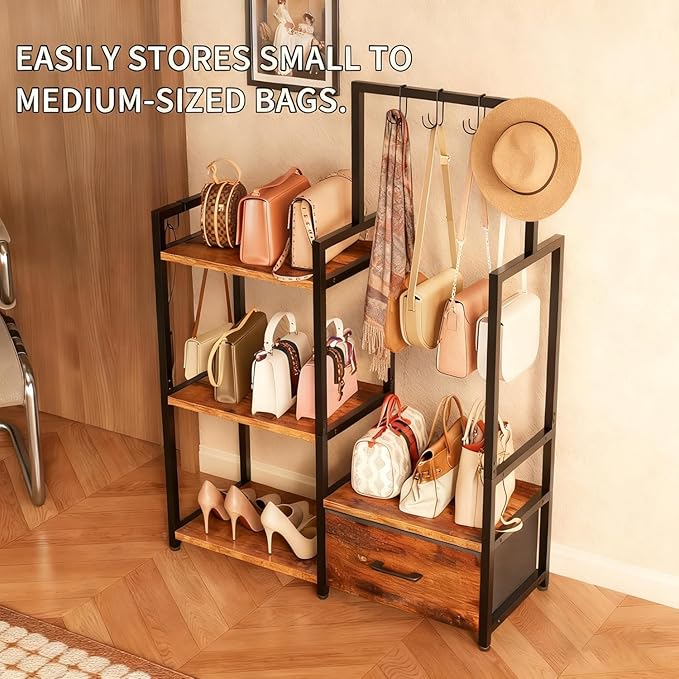 Industrial 4-Tier Storage Shelf with Drawer & Hanging Hooks - Metal & Wood Entryway Organizer Rack for Bedroom, Living Room - Freestanding Clothing Coat Rack with Multi-Level Shelves (Brown)
