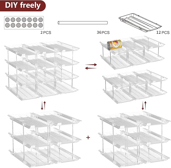 Attelite Can Organizer for Pantry, 6 Sets 3Tiers Can Storage Organizer Pantry, Soda Can Organizer for Fridge 72 Cans Rack Automatic Rolling Stackable Canned Food Organizer,Clear