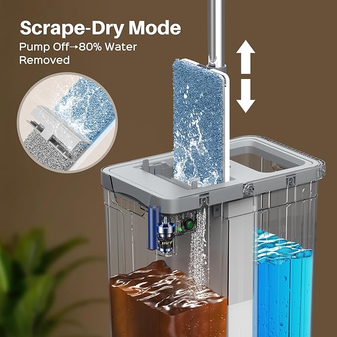 Mop and Bucket Set with AUTO Pump, 3-Zone Separate Dirty and Clean Water, Flat Mop and Bucket System with Wringer and Wheels, 4 Reusable Microfiber Pads, One-Touch Water Filling for Home Cleaning