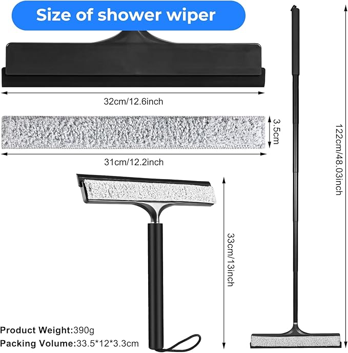 Shower Squeegee with Long Handle, Telescoping Window and Floor Extendable Squeegee for Shower Glass, Bathroom Surfaces, Mirrors, and Smooth Floors, Includes Replaceable and Washable Cloth Pads