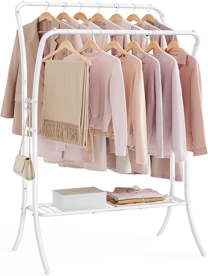 SONGMICS Clothes Rack,Clothing Rack with Shelves,Garment Racks Heavy Duty,Double Rod Clothes Rack with 6 Hooks, Clothes Storage and Display,for Living Room,Bedroom, Cloud White UHSR109W01