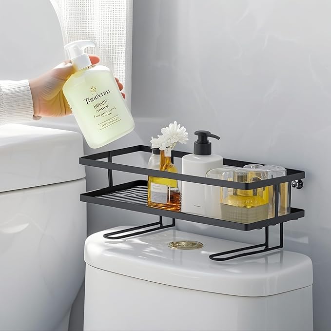 PowerKing Over The Toilet Storage Shelf, Bathroom Organizer Rack with 2 Hooks, No-Drill, Rust-Resistant Steel, Toilet Paper Holder for Restroom Bathroom, Black