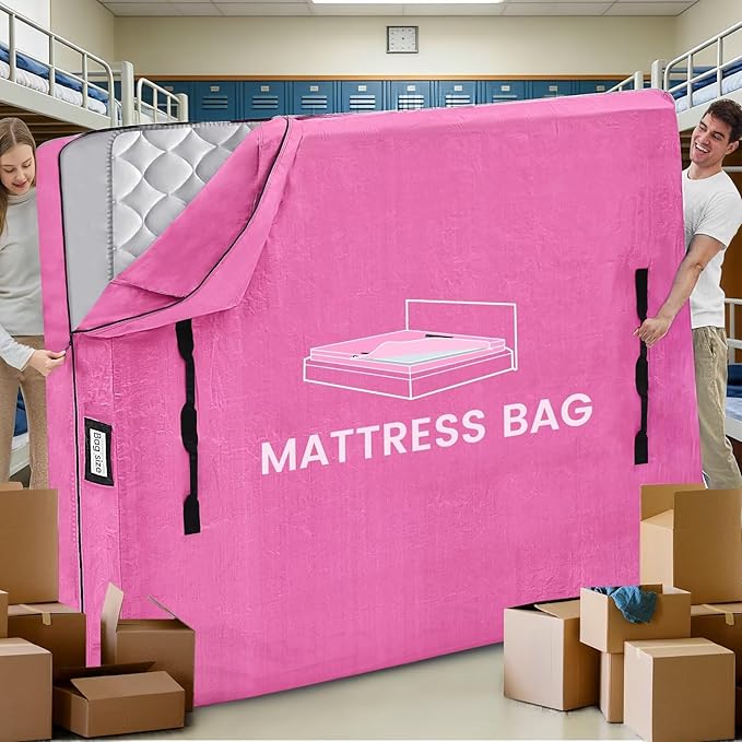 Mattress Bags for Moving and Storage, BETU Queen Mattress Protector Waterproof Mattress Cover with 8 Heavy Duty Handles and Zipper Extra Thick Moving Supplies for Bed Reusable (82x62x13.5 Pink)