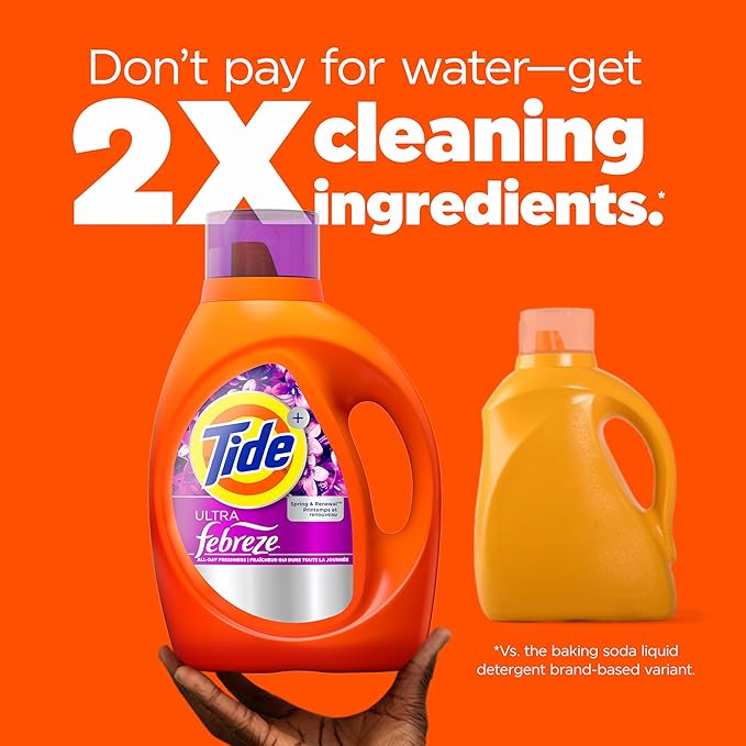 Tide Ultra Febreze Liquid Laundry Detergent, Spring and Renewal scent, 92 fl oz, 65 Loads, Laundry Detergent Liquid with All-Day Freshness