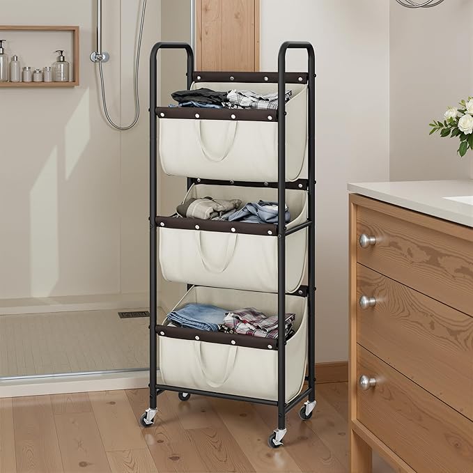 GRANNY SAYS 3 Tier Laundry Sorter, Laundry Basket with Wheels, Laundry Room Organization and Storage, 3 Section Rolling Laundry Cart for Dorm, Bathroom, Bedroom, Closet, Beige