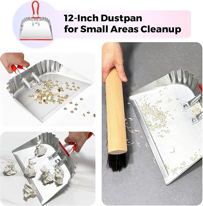 2 Pack Metal Dust Pan 17" and 12", Aluminum Heavy Duty Dust Pans with Non-Slip Rubber Handle, Large and Small Dustpan Set, Lightweight for Sweeping, Garage, Leaf, Household & Outdoor Cleaning
