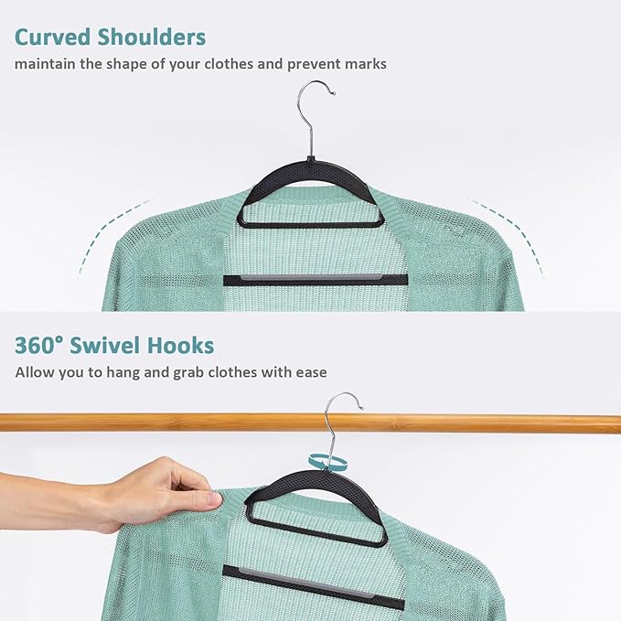 Tonswachic Heavy Duty Plastic Clothes Hangers, Space Saving Hangers 30 Pack, Non-Slip, 0.2 Inches Slim, 360° Swivel Silver Hook for Shirts, Pants & Wet/Dry Garments, Black and Dark Gray