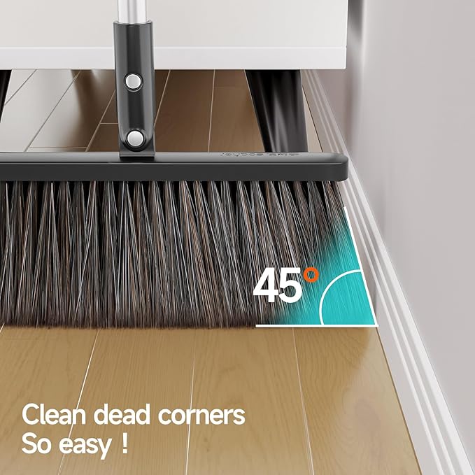 CTIME Broom and Dustpan Set, Extra Brush Head & 52" Adjustable Long Handle Standing Dustpan Set, with Dust Pan Teeth to Clean Pet Hair, Easy Sweeping Suitable for Home Kitchen Office Lobby