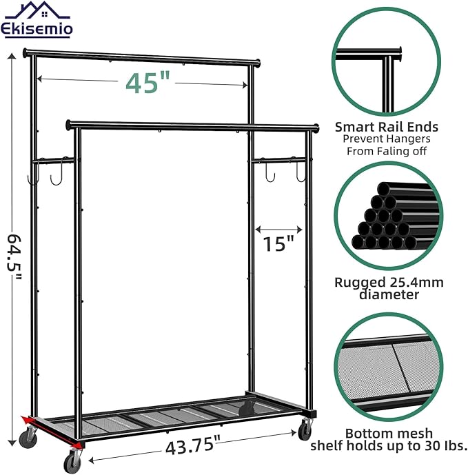 Ekisemio Double Rods Clothes Rack with Wheels Load 400 LBS, 45 Inch Rolling Clothing Rack for Hanging Clothes, Heavy Duty Garment Rack with Shelves, Metal Portable Closet, Black