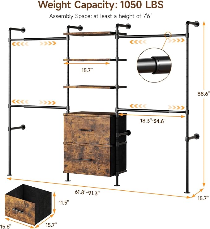 ONBRILL T2 Wall Mounted Industrial Pipe Clothing Rack, Closet Organizers and Storage System with 2 Drawers, 6 Wooden Shelves & 4 Expandable Rods, Heavy Duty Garment Rack, Wardrobe (Rustic Brown)