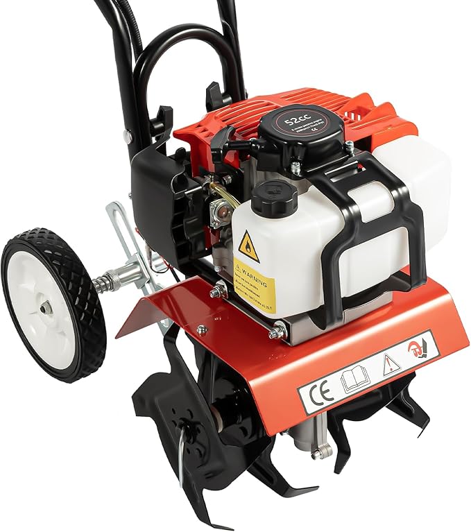 Gas Powered Tiller Cultivator Rototiller, 2-Stroke 52CC 2HP 1900W Soil Cultivator Soil Tilling Machine, 6500-7000RPM Air-Cooled Gasoline Garden Farm Tiller, for Plowing/Tilling/Furrowing