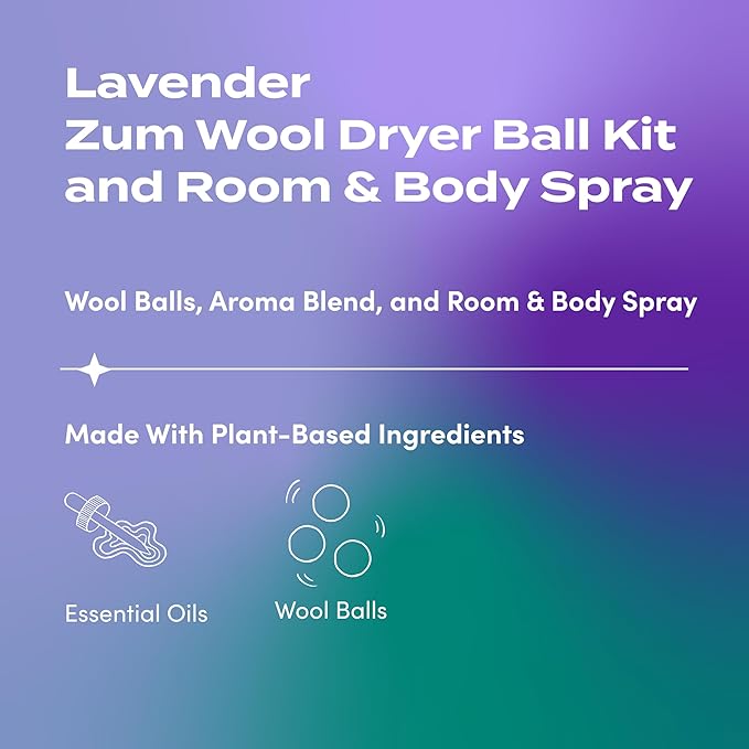 Zum Wool Dryer Balls Kit Plus Zum Mist - 3 Wool Balls with Essential Oil Blend & Room & Body Mist - Lavender