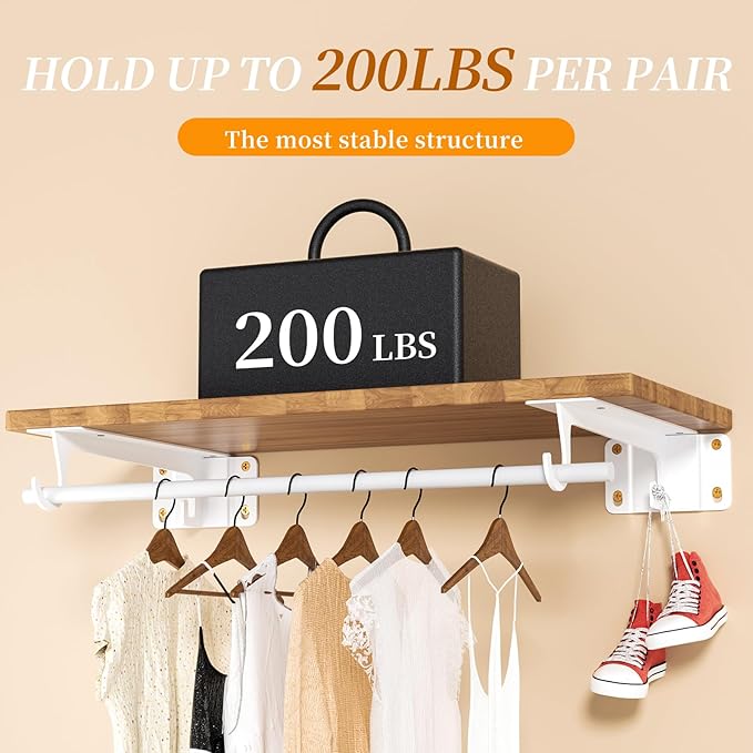 Closet Rod Bracket White WYGWP Heavy Duty Shelf Brackets with Rod Holder Supports 200lbs,Sturdy Closet Shelves Wall Mounted for DIY Home and Closet Decor