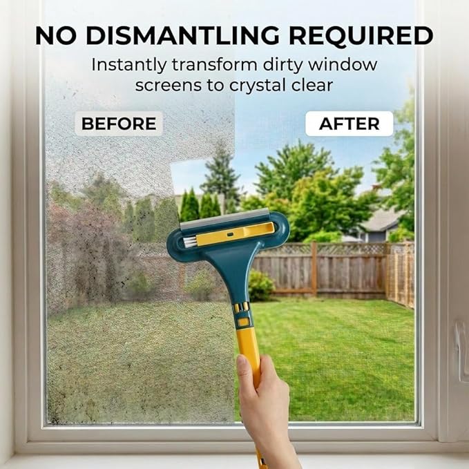 Window Screen Cleaning Brush,2 in 1 Window Screen Cleaner Tool with Squeegee,Mesh Screen Cleaner,Multi-Purpose Cleaning Brush for Patio, Door, Porch Screens (Blue and Yellow)