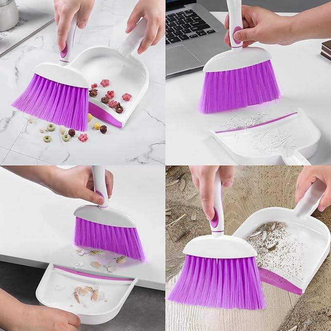 NACENA Small Dust Pan and Brush Set, Mini Broom and Dustpan Set Small Hand Broom and Brush Combo Dust Pan with Teeth for Home Cleaning Drawers Desktop Sofas and Outdoor, Purple
