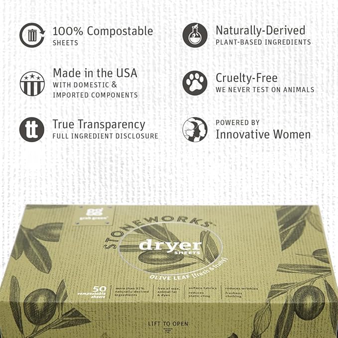 Grab Green Stoneworks Cruelty-Free Dryer Sheets | Softens Fabrics, Freshens Clothing & Reduces Static-Cling and Wrinkles | Plant Based | Olive Leaf Scent (160 Sheets)