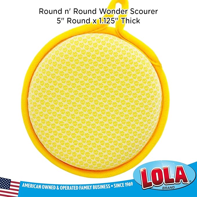 LOLA Round N' Round Wonder Non-Scratch Scouring Pad, 1 Count, Metallic on One Side, Nylon Net Sponge On Other Side, Hang Hole, Assorted Colors