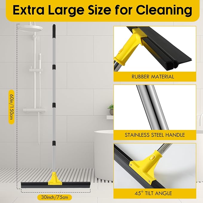 Floor Squeegee for Concrete and Tile Cleaning, 30'' Heavy Duty Rubber Wiper with 60'' Long Adjustable Handle Water Scraper for Bathroom Shower Glass Garage Glass Window(Yellow