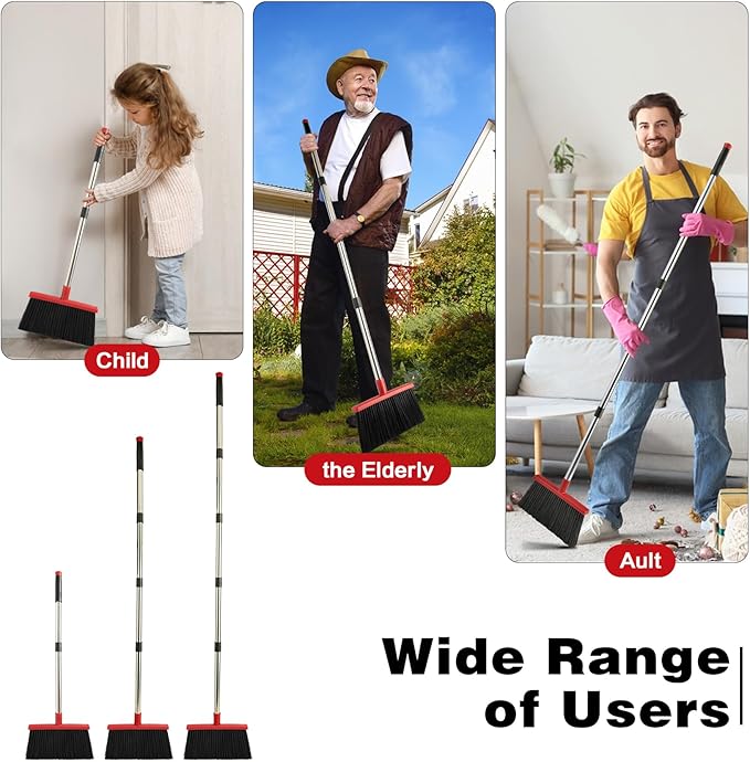 Broom and Dustpan Set for Home, Broom with Dustpan Cleaning Teeth Combo Set, Indoor Sweep Broom with Long Handle for Office Home Kitchen Lobby Floor (Black Red)