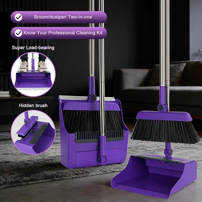 3 in 1 Broom and Dustpan Set with Adjustable Push Broom with 48.8“ Long Handle for Floor Sweeping Outdoor Indoor Sweeping Combo for Home & Kitchen (Purple)