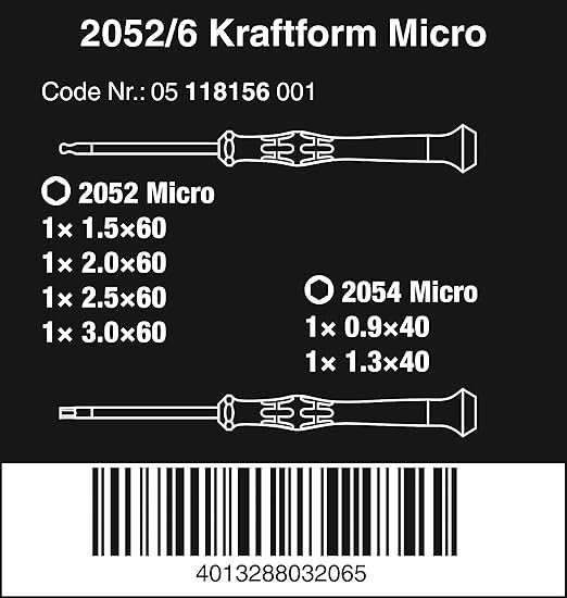 Wera 2052/6 Kraftform Micro Ballhead Hexagon Electronics Screwdriver Set and Rack, 6-Piece