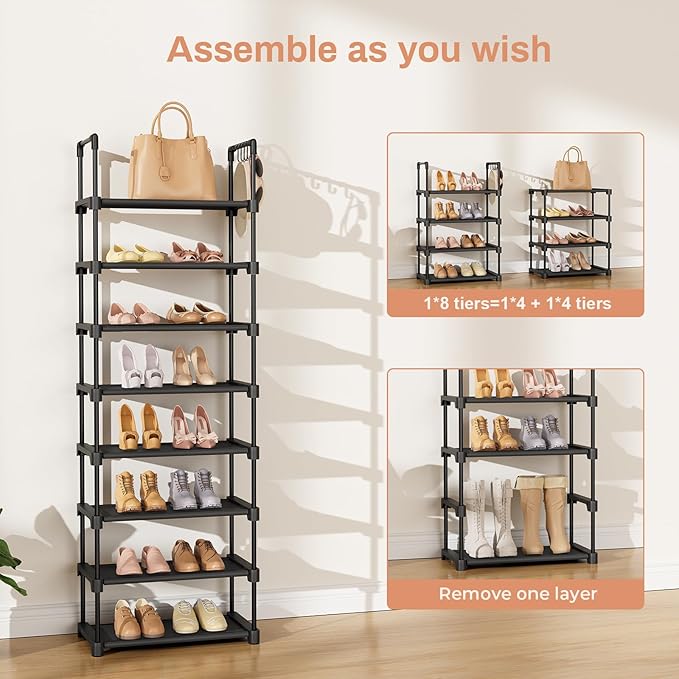 LANTEFUL Tall Shoe Rack 8 Tiers, 16-20 Pairs Shoe and Boots Organizer Storage Sturdy Shoe Shelf, Narrow Vertical Shoe Rack for Entryway, Closet, Metal Shoe Organizer with 5 Hooks