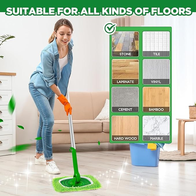 Reusable Microfiber Mop Pads Washable Wet Pads Compatible with Swiffer Sweeper Refills Pads for Wet & Dry Sweeping Cloths Mop Head Replacement for Household Cleaning (Green 4PCS)