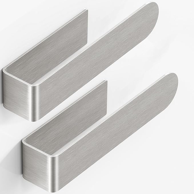 Adhesive Hand Towel Holder, 8 Inch Towel Holder for Bathroom Wall Mounted, Self Adhesive Square Stick on Towel Bar Wall for Kitchen Cabinet RV, Brushed Nickel (2 Pack)