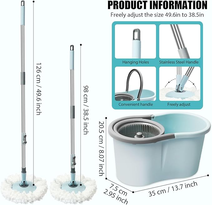 Spin Mop and Bucket with Wringer Set, 360° Spinning Mop Bucket System with 3 Microfiber Mop Replacement Heads, Adjustable Handle for Floor Cleaning (Light Blue)