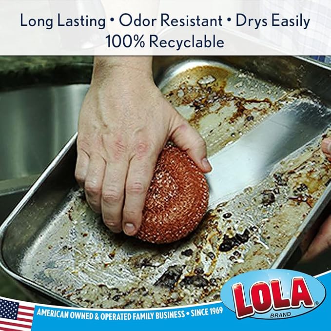 LOLA Copper Mesh Scouring Pad, 144 Pack, 45 Grams, 4" Heavy Duty Cleaning Pads, Copper Coated Knitted Wire Mesh, Recyclable, Cleans Baked On Messes