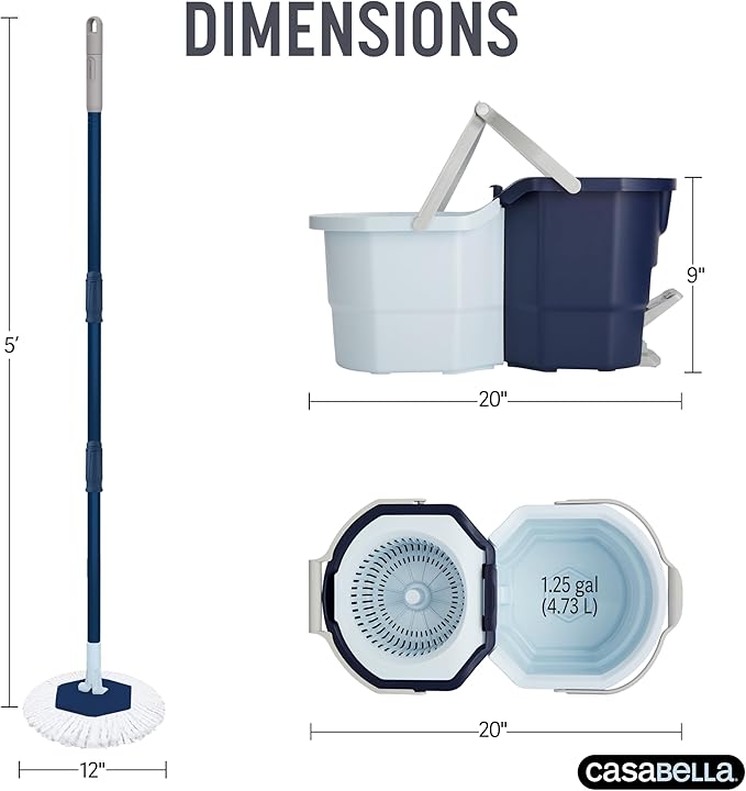 Casabella Spin Mop System with Extra Mop Head Refill - Two-Bucket Design with Splash Guard Built-in Measuring Cup and Scraper Tool with Easy Wring Pedal Spinner, 1.25-Gallon, Blue