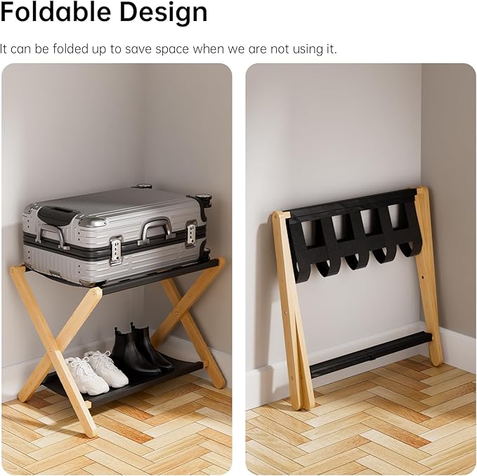 HITNET Luggage Rack 2 Pack, Folding Suitcase Stand for Guest Room, Bamboo Luggage Holder with Storage Shelf for Hotel Bedroom, Natural