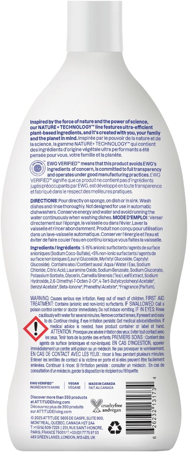 ATTITUDE Dish Soap,EWG Verified,Plant-Based & Vegan Dishwashing Liquid,Naturally Derived,Wildflowers Scent,23.7 Fl Oz,(Pack of 2)