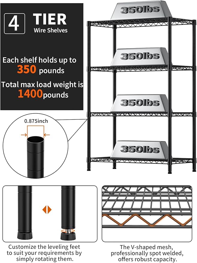 Golpart 4 Tier Heavy Duty Shelves Adjustable Storage Shelf Organizer Metal Garage Wire Shelving Unit Pantry 18" D x 36" W x 59" H,Black