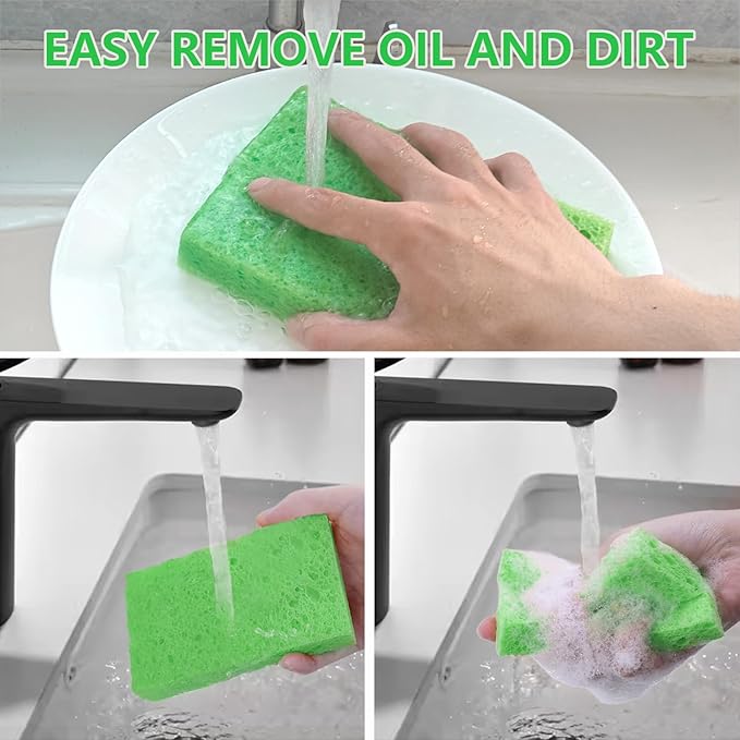 Cellulose Sponges, Large Size 4" x 6" x 1" - Heavy Duty Scrub Kitchen Sponge, Clean Tough Messes Without Scratching Kitchen Cleaning Pads, Pop Up Eco DIY (6 Pack), Green