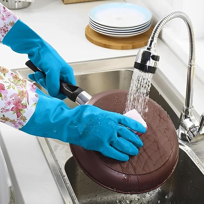 KINGFINGER Rubber Latex-Free Dishwashing Gloves for Household Cleaning, Waterproof, 2-Pair Large with Long Cuff & Flock Lining