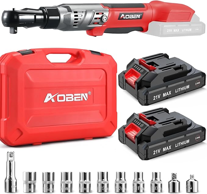 AOBEN 21V 3/8" Cordless Ratchet Wrench Kit-74 Ft-lbs Brushless Electric Power Ratchet with Variable Speed, 2X2000mAh Lithium-Ion Battery, Charger, 8 Sockets, 1/4" & 1/2" Adaptors, 3" Extension Bar