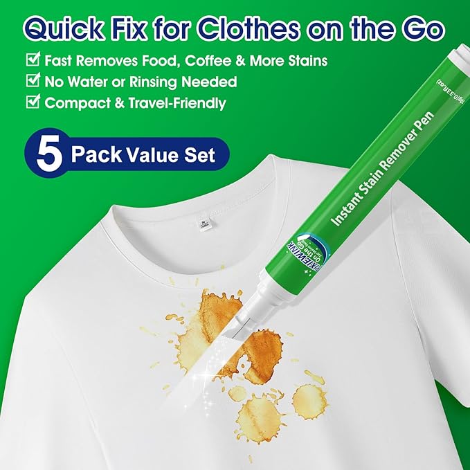 Stain Remover Pens for Clothing, 5 Pack – Instant Stain Removal Pen for Clothes, Travel-Friendly Laundry Stain Pen for Food, Coffee, Wine, Makeup, Grease & More