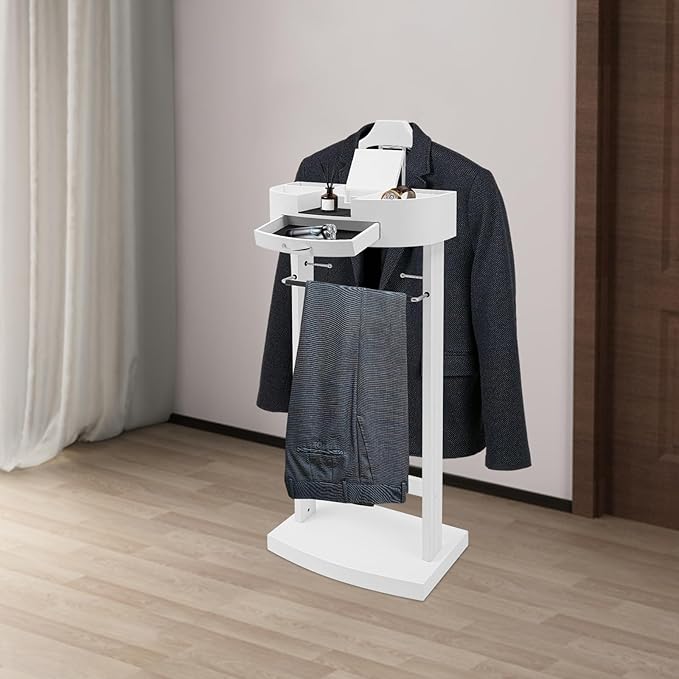 Valet Stand for Man and Women, Wood Suit Rack Suit Valet Stand with Top Tray, Storage Drawer, Bottom Shoe Rack, Freestanding Clothes Rack for Living Room, Bedroom, Office, Black (White2)