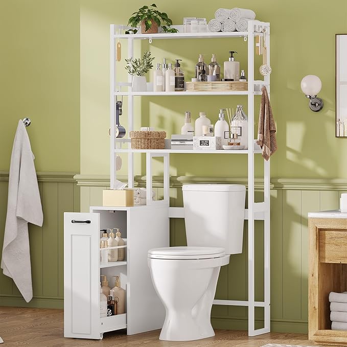 UPOSOJA Over The Toilet Storage Cabinet with Pulley, Bathroom Organizer W/6 Hooks for Restroom, Laundry, Plant Stand (White)