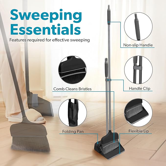 BLACK+DECKER Butler Broom & Dustpan Set - Stand-Up Design - Lightweight, Space-Saving Combo for Kitchen, Living Room, Bathroom, Lobby Floors - Home Cleaning Essential, Black/Grey