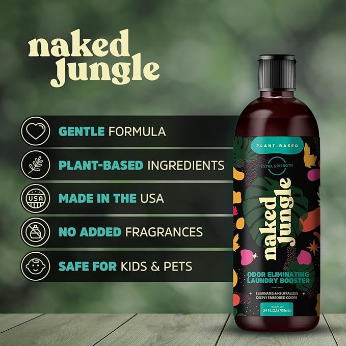 Naked Jungle Plant-Based Liquid Odor Eliminating Laundry Booster for Strong Odors, No Added Fragrances, Vegan Formula, 24oz