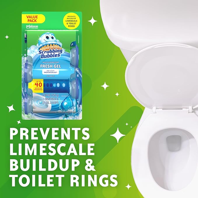 Scrubbing Bubbles Fresh Gel Toilet Bowl Cleaning Stamps, Helps Keep Toilet Clean and Helps Prevent Limescale & Rings, Rainshower Scent, 1 Dispenser with 24 Fresh Gel Stamps