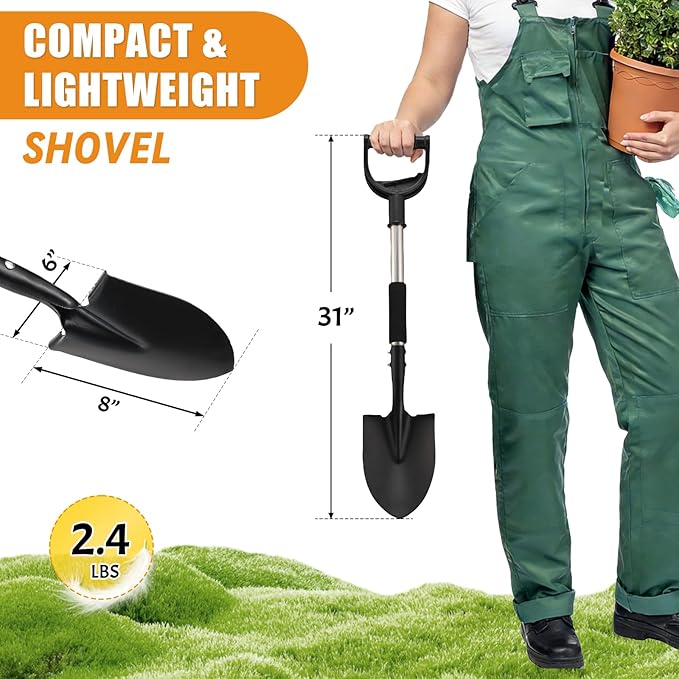 Garden Shovels for Digging, 31 Inch Small Shovel, Heavy Duty Metal Digging Shovel with D-Handle Grip, Short Kids Shovels for Digging, Mini Spade Shovel for Gardening, Camping, Beach, Car, Snow Removal