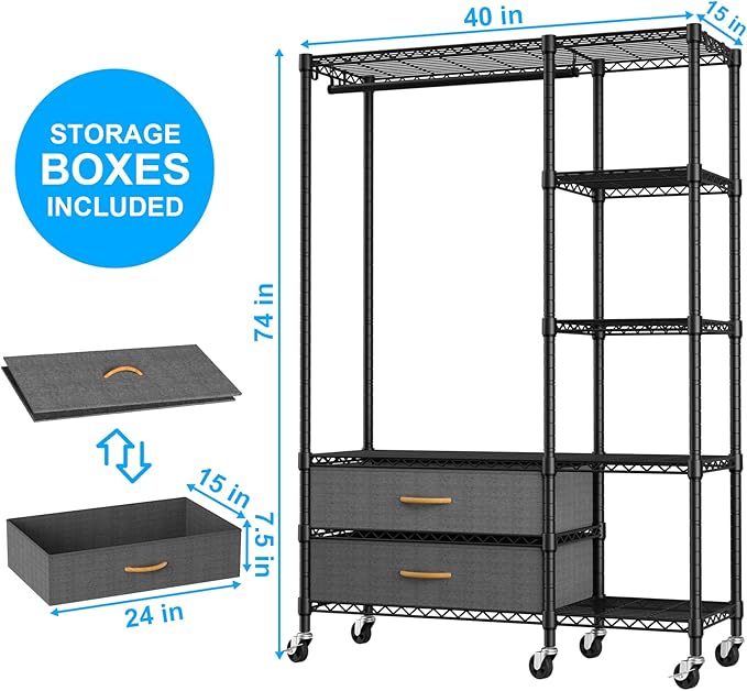 Ulif F3R Heavy Duty Clothes Rack（With Lockable Wheels）Freestanding Clothing Racks for Hanging Clothes，Adjustable Closet Organizer System，Portable Garment Rack 40"W x 15"D x 74"H，Max Load 700LBS，Black